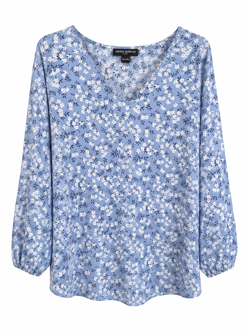 Mario Serrani Italy XXL Blue Floral V-Neck Blouse Long Sleeve Top